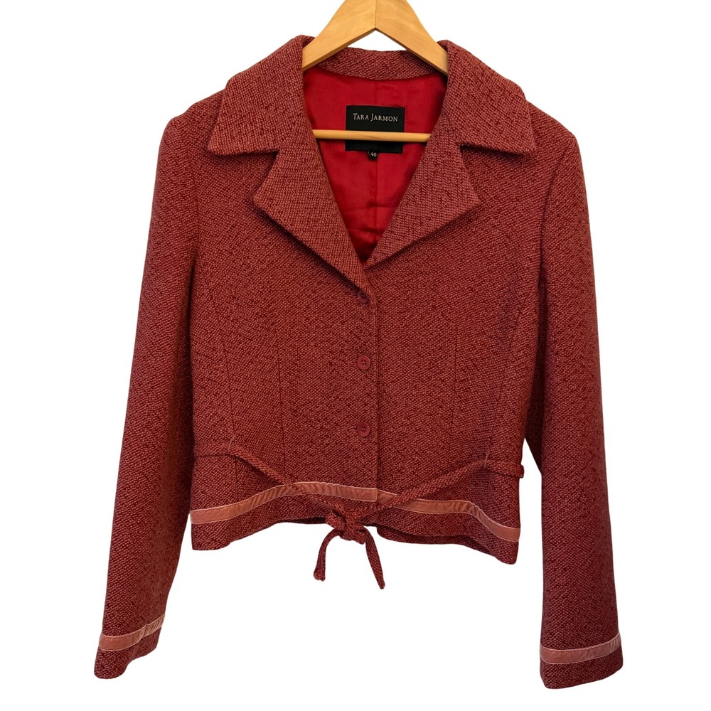 Tara Jarmon Cropped Blazer Womens 40 Red Excellent Wool Blend Tie Front France